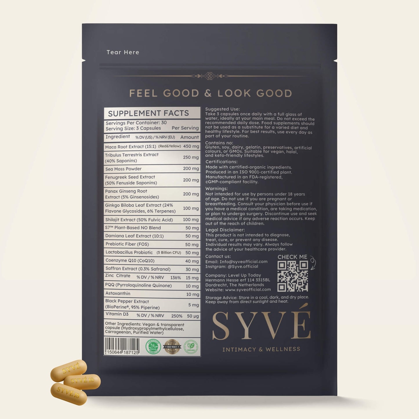 SYVÉ 18 back label showing 18 botanical ingredients for energy, intimacy and hormone support
