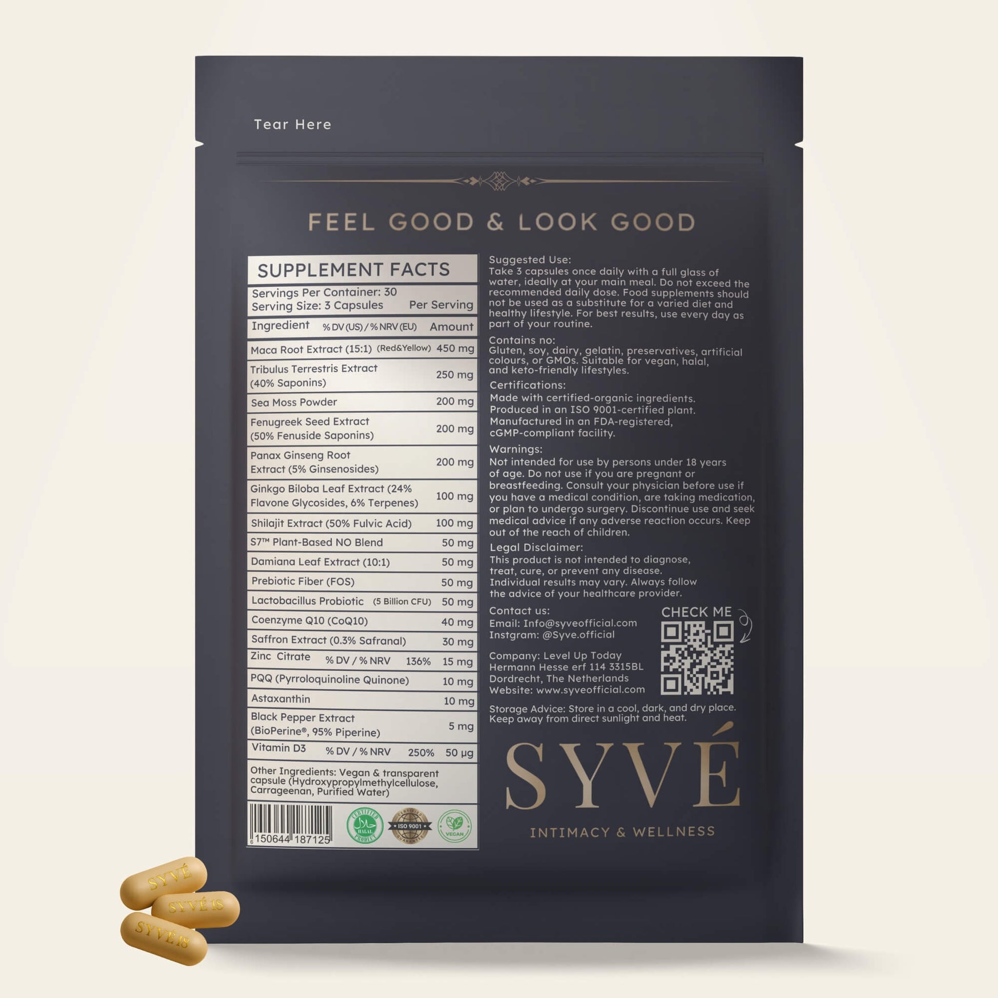 SYVÉ 18 back label showing 18 botanical ingredients for energy, intimacy and hormone support