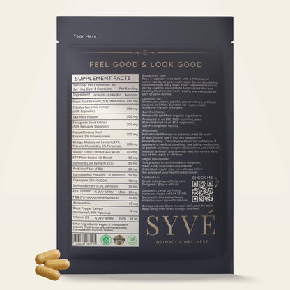 SYVÉ 18 back label showing 18 botanical ingredients for energy, intimacy and hormone support