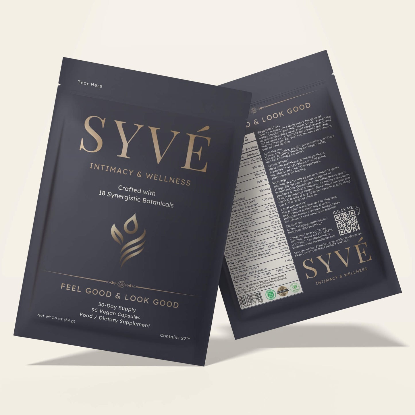 Front and back view of SYVÉ 18 luxury pouch – plant-based supplement for natural libido and vitality