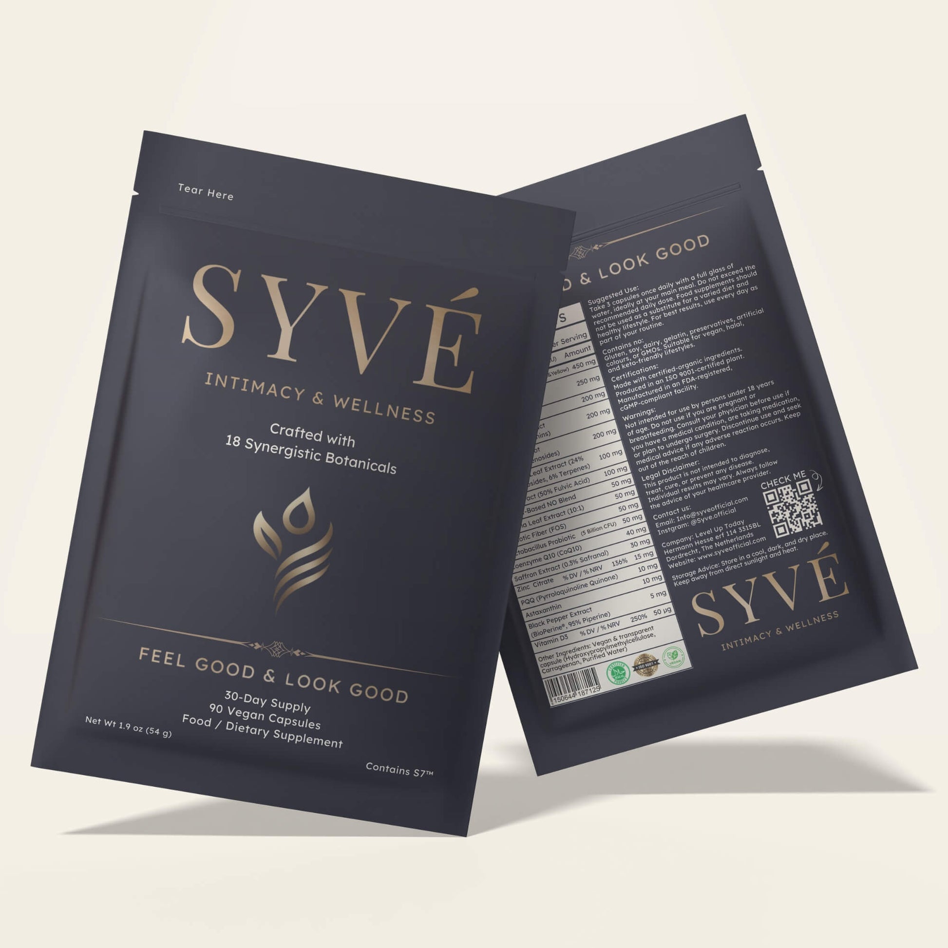 Front and back view of SYVÉ 18 luxury pouch – plant-based supplement for natural libido and vitality