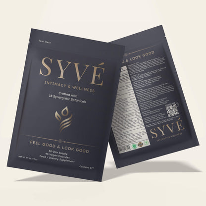 Front and back view of SYVÉ 18 luxury pouch – plant-based supplement for natural libido and vitality